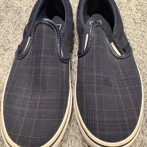 Vans Canvas Blue Plaid Slip-On Plaid Shoes - Navy, 3.5 Youth Size